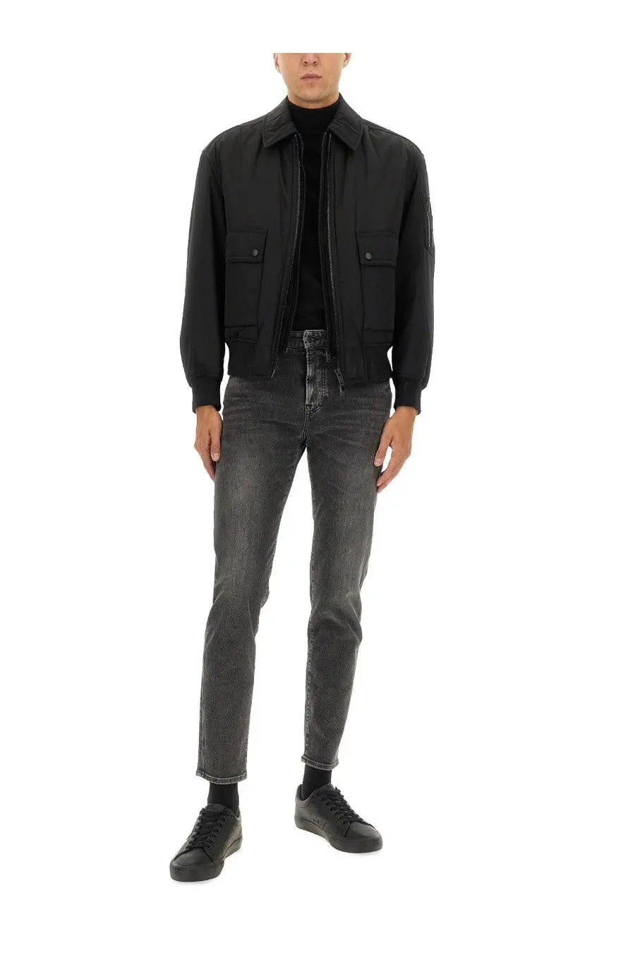 Boss men’s black bomber jacket with two front flap pockets and ribbed collar for casual and stylish wear