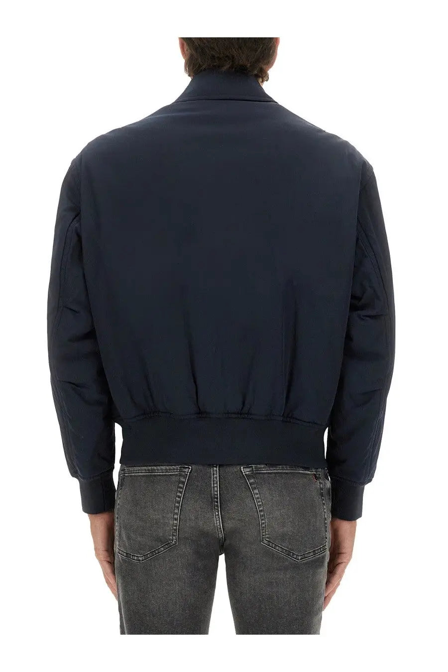 BOSS men’s dark navy bomber jacket with ribbed cuffs and waistband made of durable fabric for casual wear