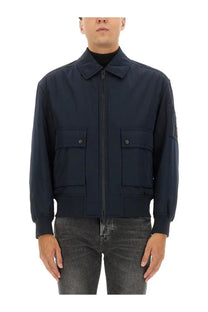 BOSS men’s navy blue bomber jacket with zippered collar and two front flap pockets for casual wear