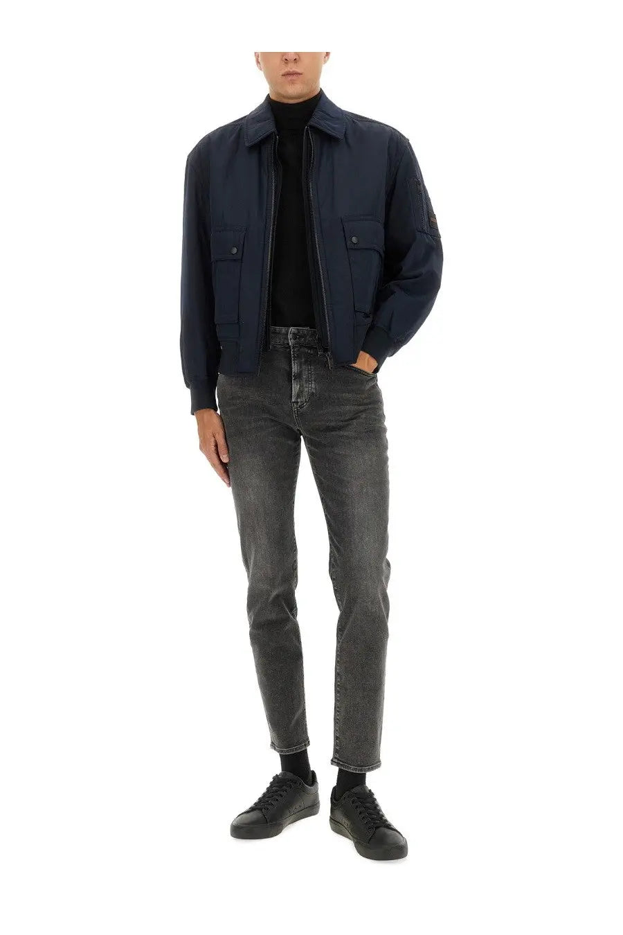 BOSS men’s navy blue bomber jacket with two front flap pockets and a subtle logo patch on the left sleeve