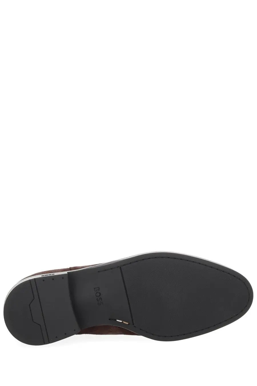Boss men’s boot tayil brown with black rubber sole stitched edges and subtle rose brand logo embossed near the heel