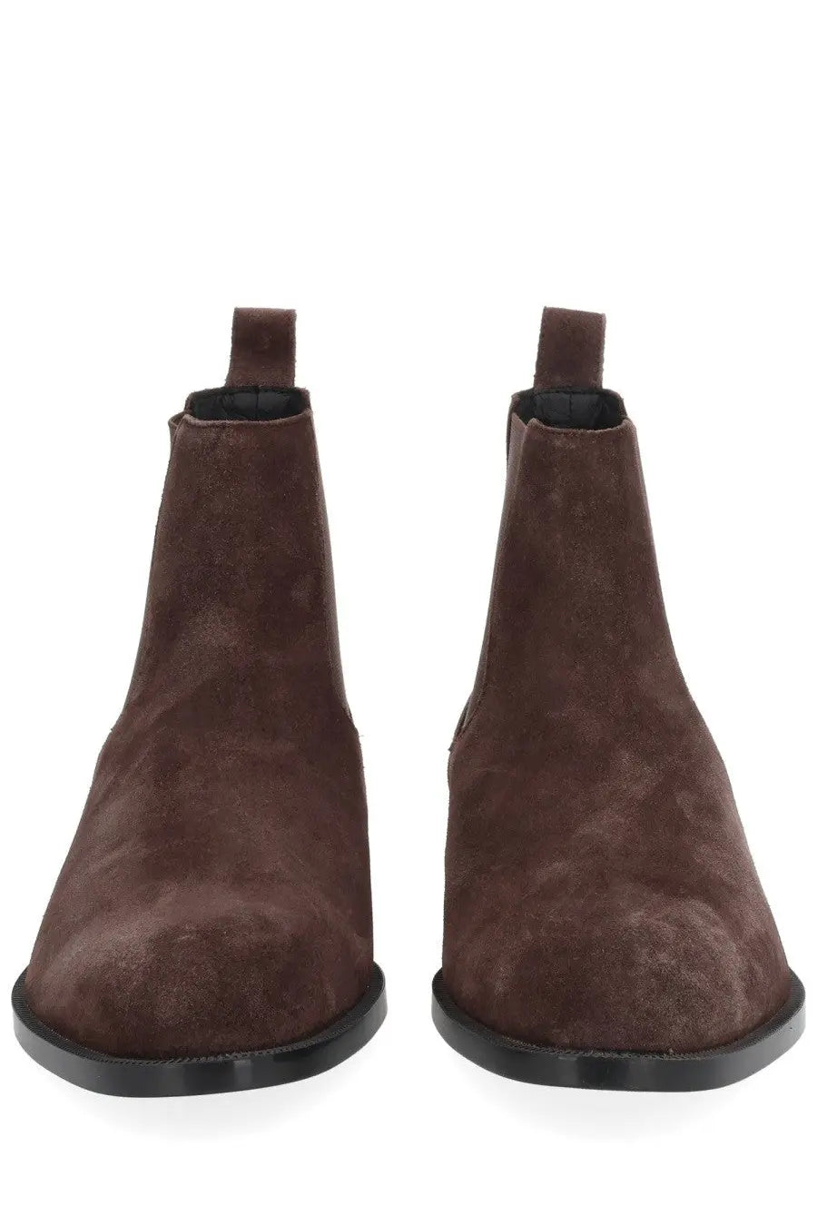 BOSS men’s boot Tayil brown brown suede chelsea boots with black rubber soles and pull tabs visible from the back side