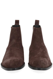 BOSS men’s boot Tayil brown brown suede chelsea boots with black rubber soles and pull tabs visible from the back side