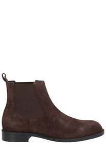 BOSS men’s Tayil brown chelsea boot in brown suede with elastic side panels and black rubber sole