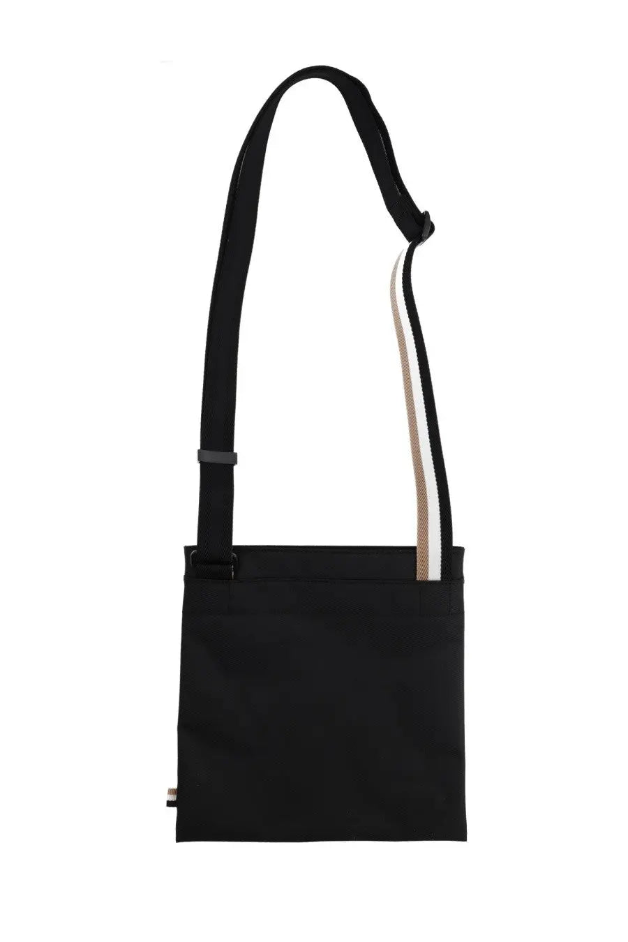 Boss men’s borsa catch black canvas crossbody bag with contrasting white and beige striped strap
