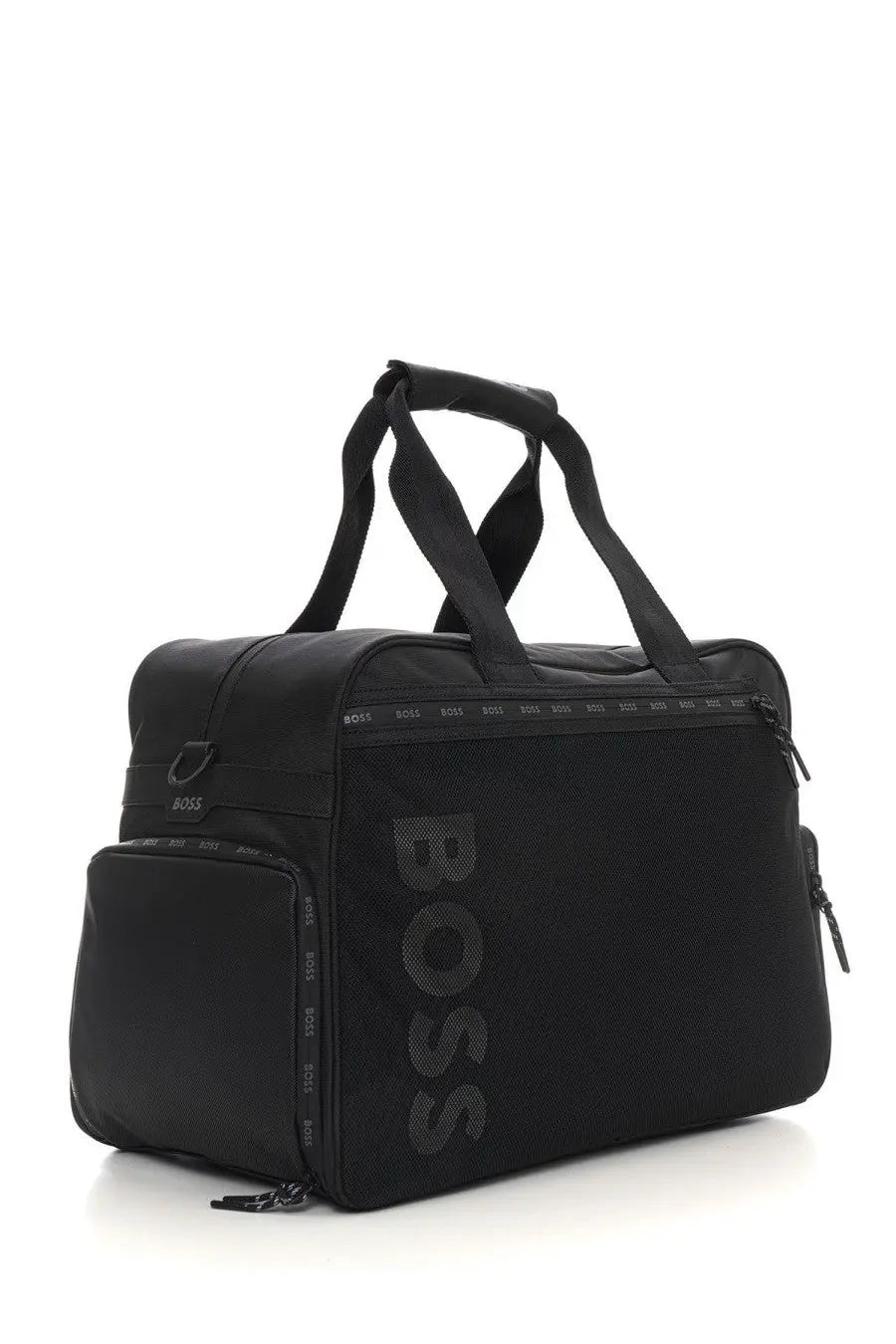 Boss men’s borsone con black duffel bag with black mesh panel and repeating logo trim for versatile travel use