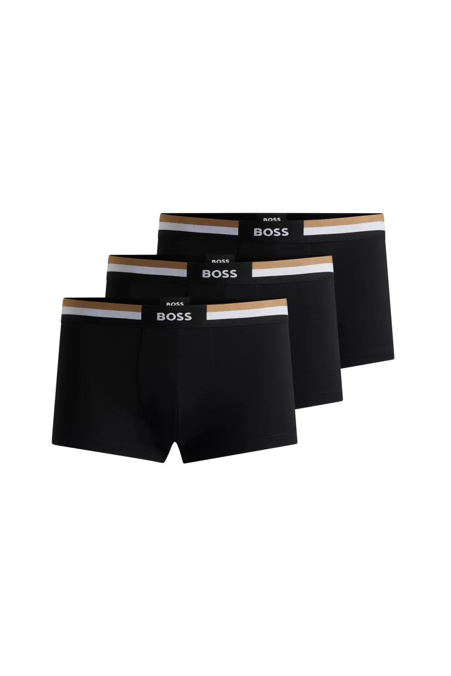 Boss men’s black boxer briefs with a tan and white striped waistband made from soft breathable fabric