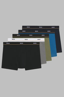 Set of five hugo boss men’s boxer briefs in black grey olive green blue and navy with contrasting waistbands multicolor