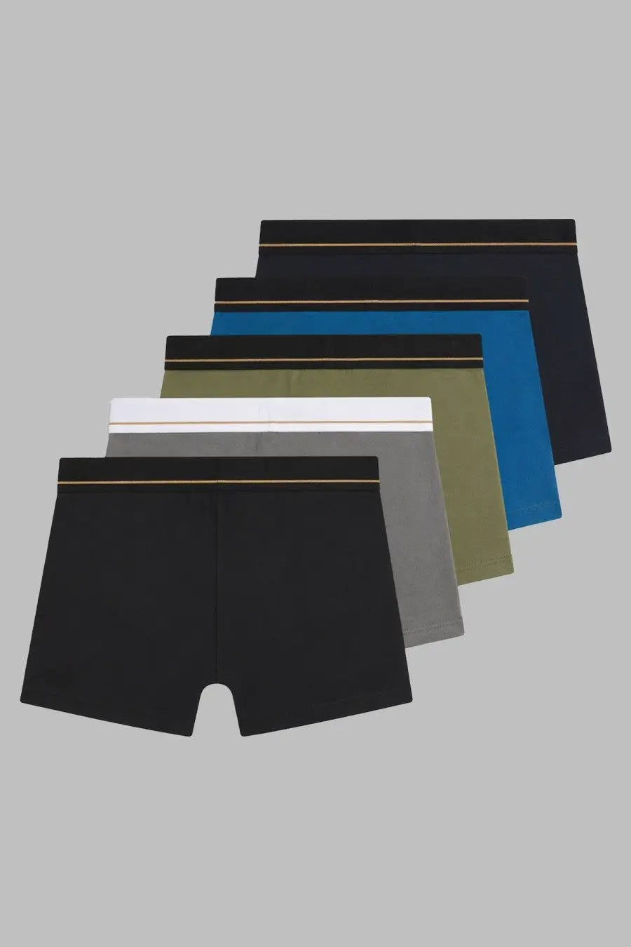 Set of five boss men’s boxer briefs in solid colors with thin gold stripe waistband for comfortable everyday wear
