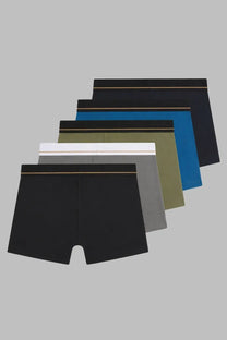 Set of five boss men’s boxer briefs in solid colors with thin gold stripe waistband for comfortable everyday wear