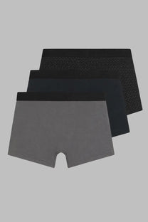 Set of three BOSS men’s boxer briefs in solid grey black and dark patterned designs for everyday comfort