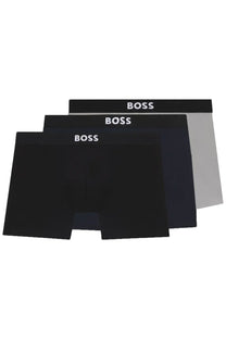 Three-pack of boss men’s boxer briefs in black and grey with white logo trim for comfortable everyday wear