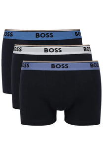 BOSS men’s black boxer briefs with contrasting blue and white waistbands featuring the boss logo printed across bands