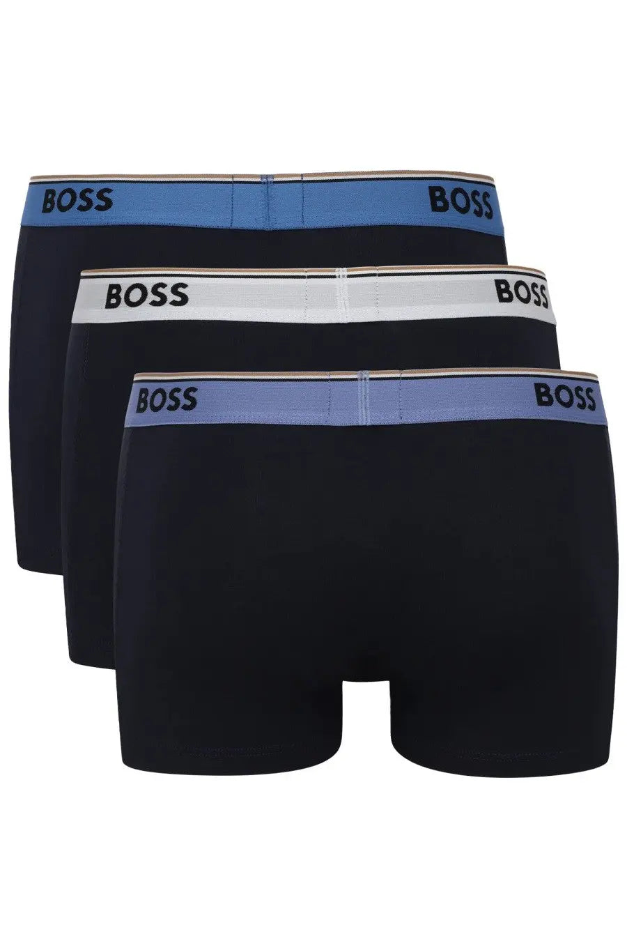 Black boss men’s boxer briefs with contrasting blue and white elastic waistbands for comfortable everyday wear