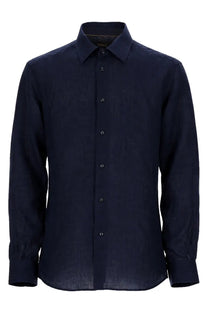 BOSS men’s camicia Hays Kentw blue dark navy linen button-down shirt with classic collar and matching buttons