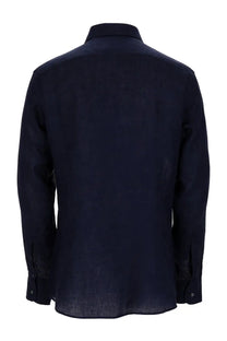 BOSS men’s navy linen shirt with subtle textured weave and classic collar in blue for stylish casual wear