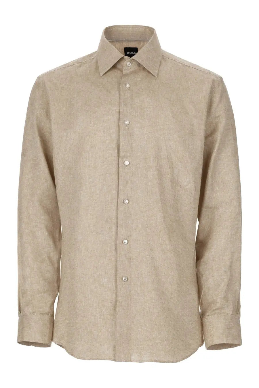 BOSS men’s camicia beige linen button-down shirt with subtle textured weave and white buttons featuring brand label