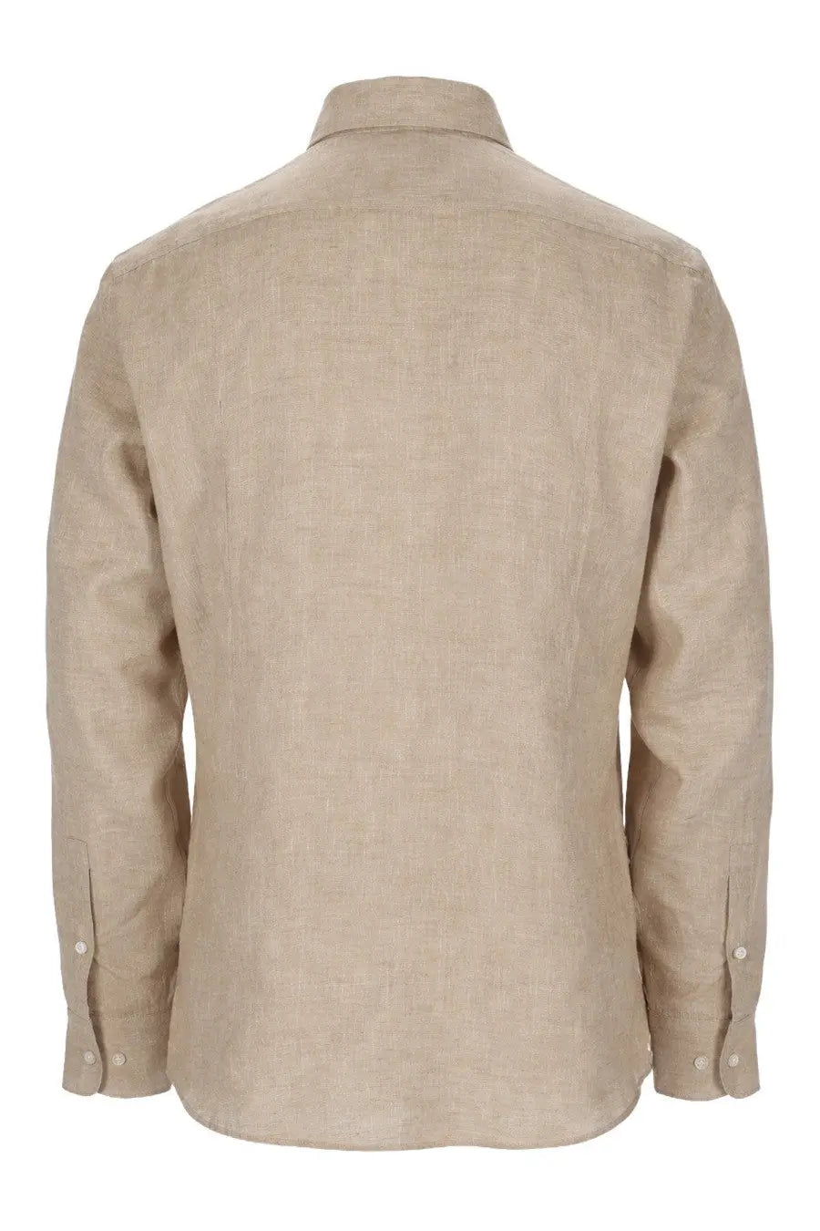 BOSS men’s beige linen button-down shirt with subtle textured weave and classic collar in lino beige color
