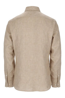 BOSS men’s beige linen button-down shirt with subtle textured weave and classic collar in lino beige color