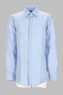 Boss men’s camicia in lino blue light blue linen button-down shirt with classic collar and white buttons