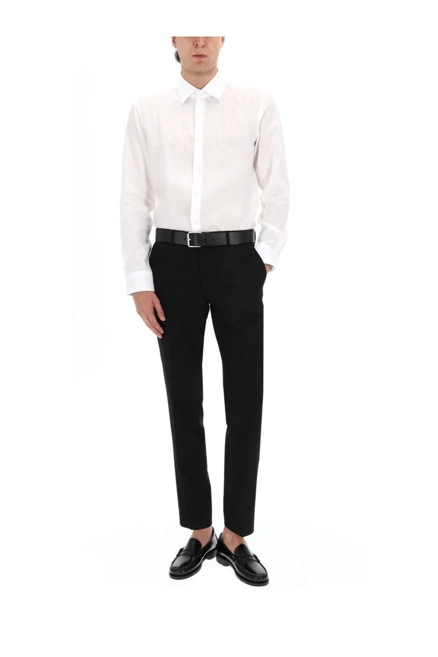 Black tailored trousers with a sleek straight-leg cut and subtle creasing at the waistband for boss men’s camicia in lino white