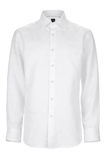 A crisp white boss men’s dress shirt in linen with a classic collar and button-down front