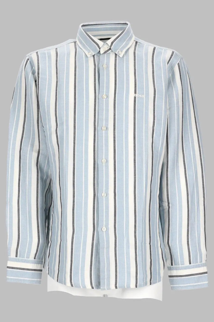 BOSS men’s camicia ricoplus blue long-sleeved button-down shirt with light blue white and dark gray vertical stripes and subtle logo