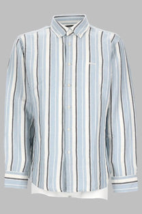BOSS men’s camicia ricoplus blue long-sleeved button-down shirt with light blue white and dark gray vertical stripes and subtle logo
