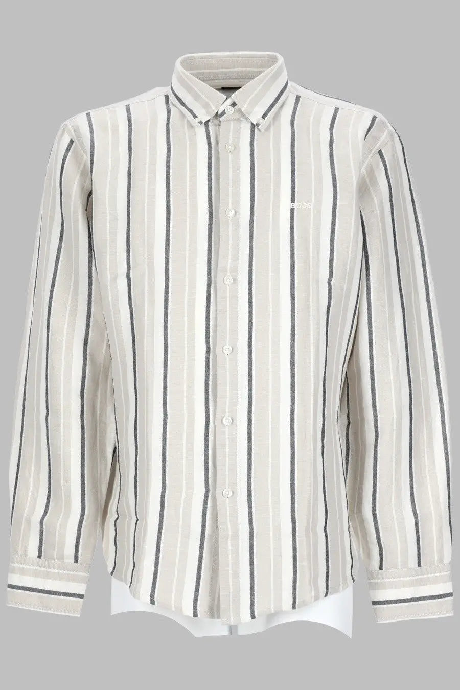 BOSS men’s camicia ricoplus grey crisp off-white and charcoal gray striped button-down shirt with embroidered logo