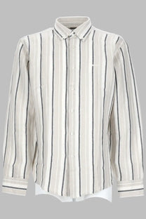 BOSS men’s camicia ricoplus grey crisp off-white and charcoal gray striped button-down shirt with embroidered logo