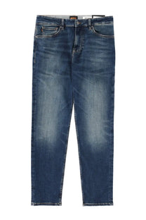Dark blue denim BOSS men’s cap bold jeans with faded wash and classic five-pocket design featuring brand label