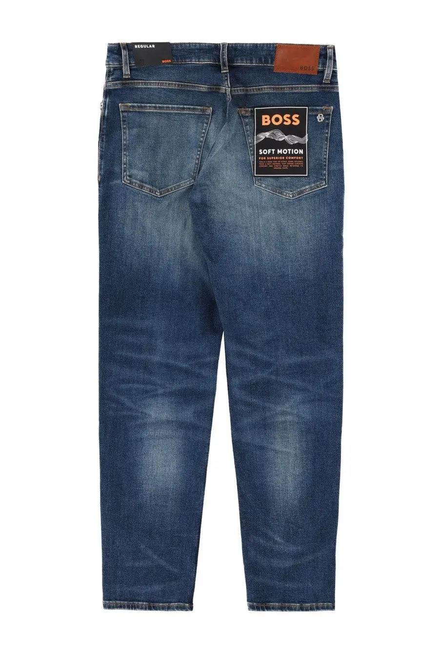 Back side of boss men’s cap bold blue denim jeans with faded wash and black label on the back pocket