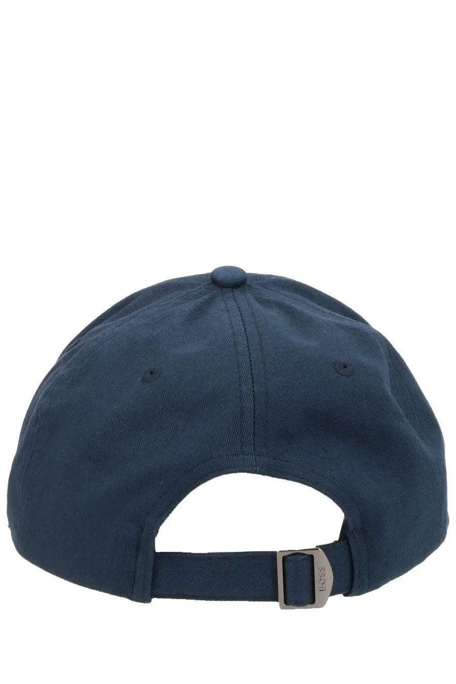 Dark blue cotton BOSS men’s baseball cap with silver metal buckle and adjustable strap shown from the back side