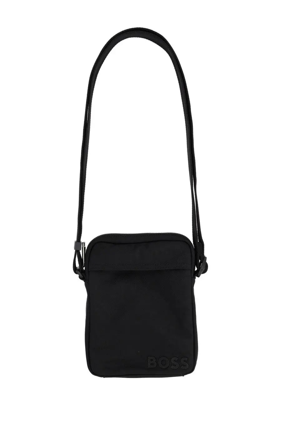 Black boss men’s catch shoulder bag with sleek minimalist design and durable fabric crossbody style