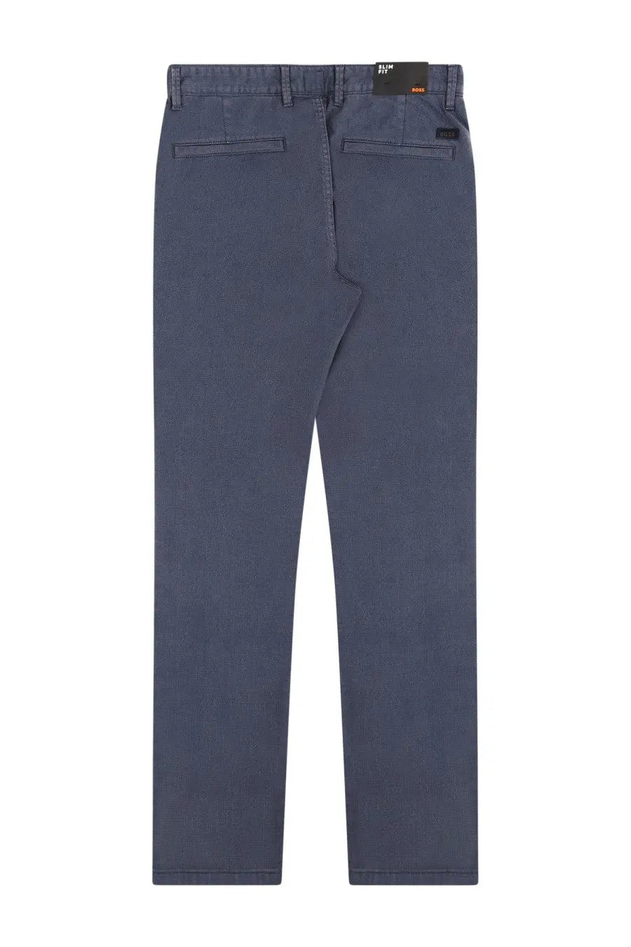Dark blue denim straight-leg boss men’s chino pants shown from the back with rear pockets and black brand tag at waistband