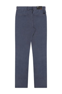 Dark blue denim straight-leg boss men’s chino pants shown from the back with rear pockets and black brand tag at waistband