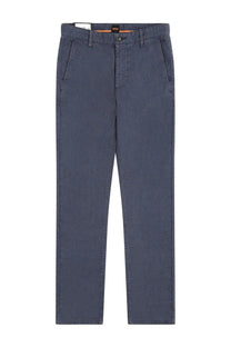 Dark blue BOSS men’s chino pants with classic straight-leg cut and subtle stitching details in cotton fabric