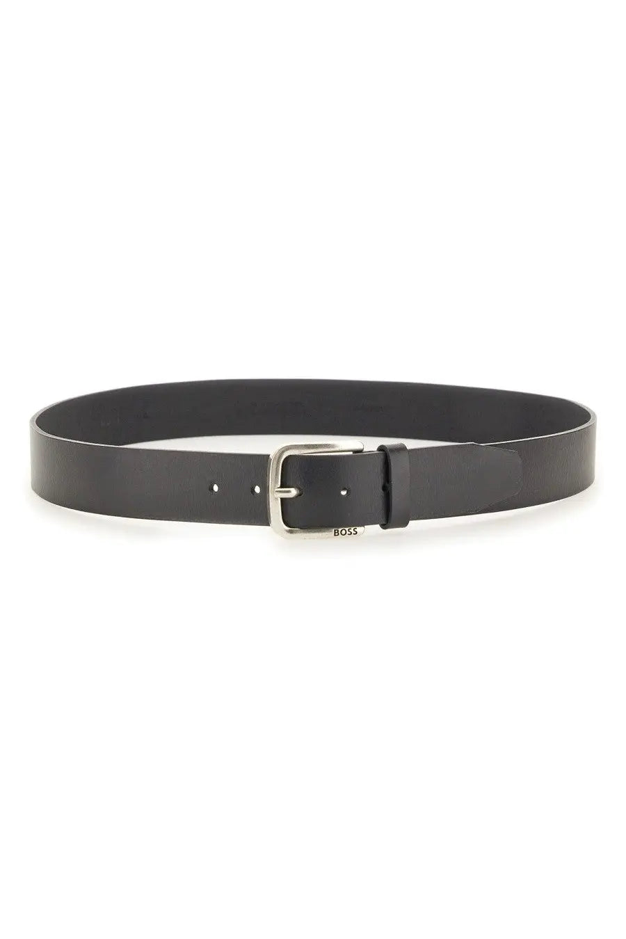 Black leather boss men’s cintura janni sz40 belt with silver-toned buckle and engraved logo on the side