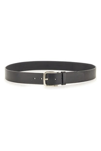 Black leather boss men’s cintura janni sz40 belt with silver-toned buckle and engraved logo on the side
