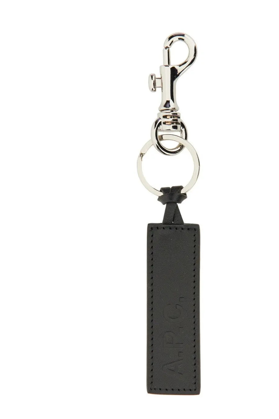 Boss men’s black rectangular leather keychain with silver-toned metal clasp and ring for keys management