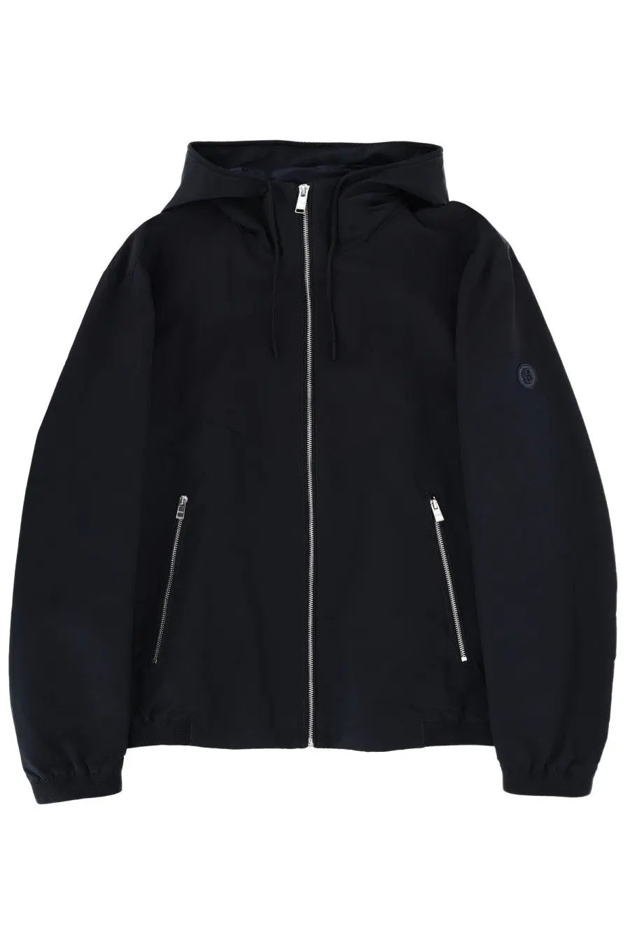 Boss men’s cireno black hooded jacket with silver zippers and subtle logo patch on sleeve for casual wear