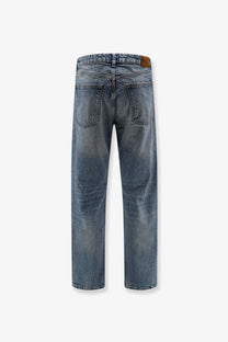 BOSS men’s cotton jeans blue in light wash with straight-leg cut and faded distressed detailing