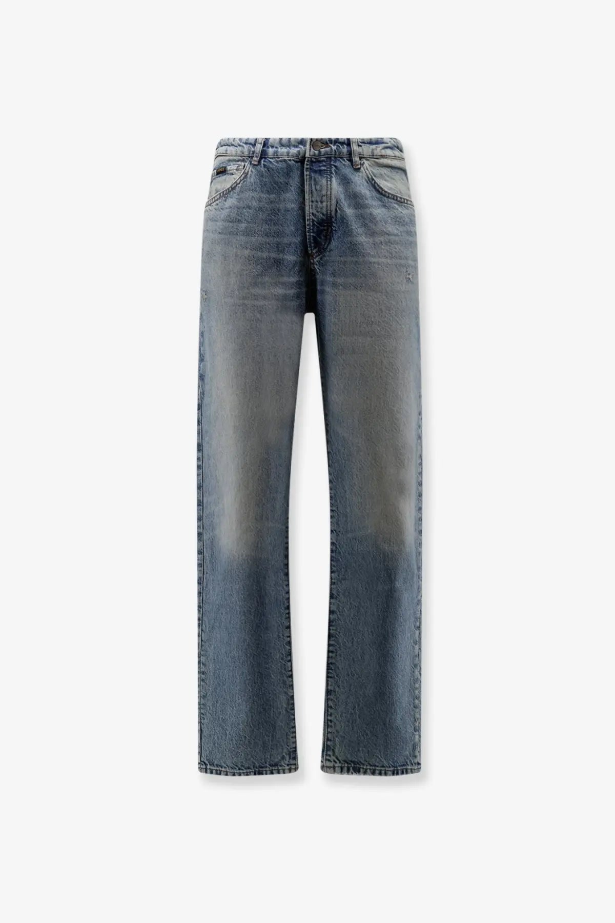A pair of boss men’s high-waisted cotton jeans in faded blue with straight legs and subtle distressing details