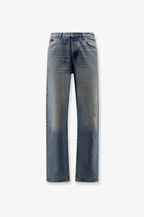 A pair of boss men’s high-waisted cotton jeans in faded blue with straight legs and subtle distressing details