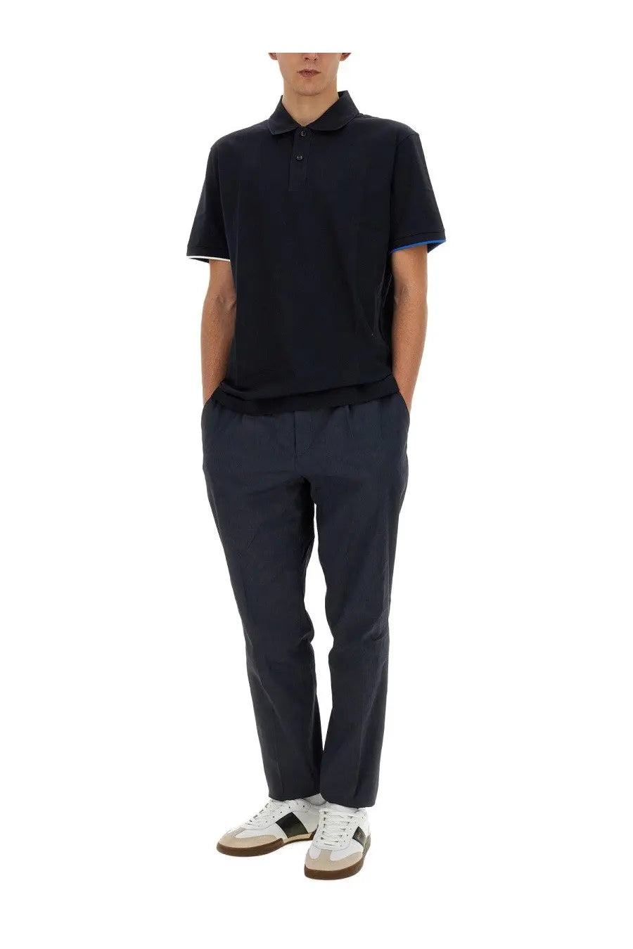 BOSS men’s cotton polo shirt in black with blue trim on collar and sleeve cuffs for casual wear