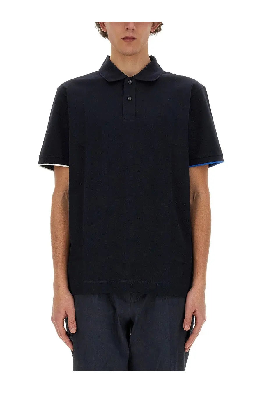 Boss men’s cotton polo blue in black with white and blue contrast trim on short-sleeve cuffs