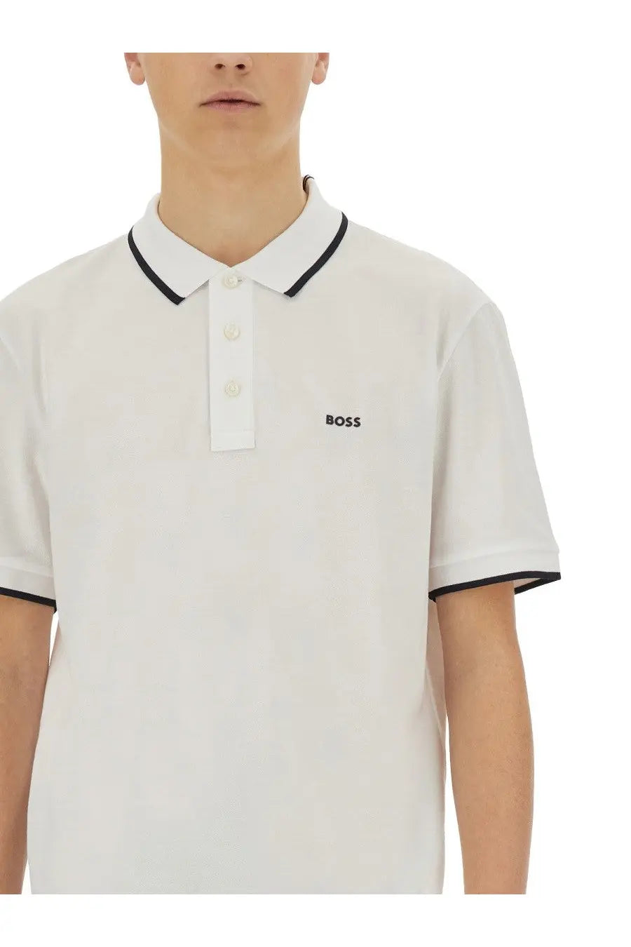 BOSS men’s white cotton polo shirt with black trim on collar and sleeve cuffs ideal for casual wear