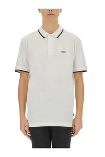 BOSS men’s cotton polo white with black trim on collar and sleeve cuffs for casual and smart wear