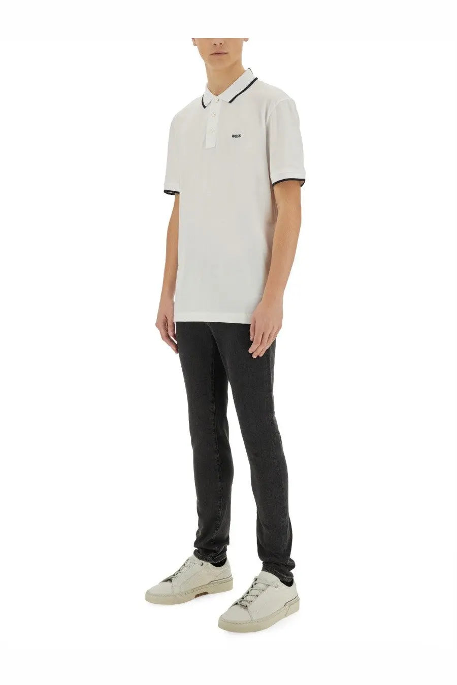 BOSS men’s cotton white polo shirt with black trim on collar and cuffs featuring small embroidered chest logo