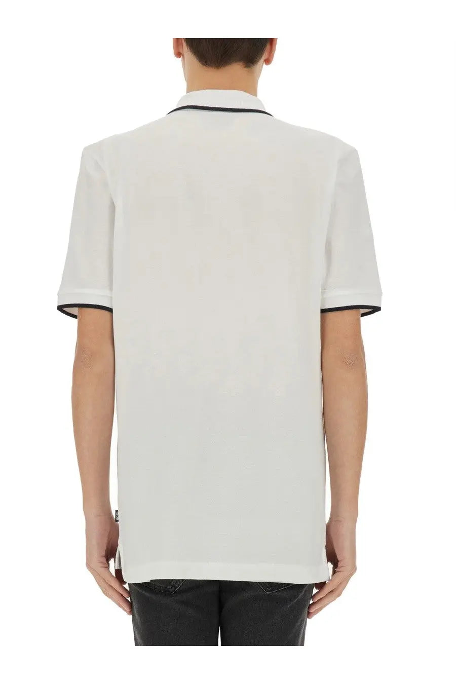 BOSS men’s cotton polo white with black trim on collar and sleeve cuffs for casual and smart wear